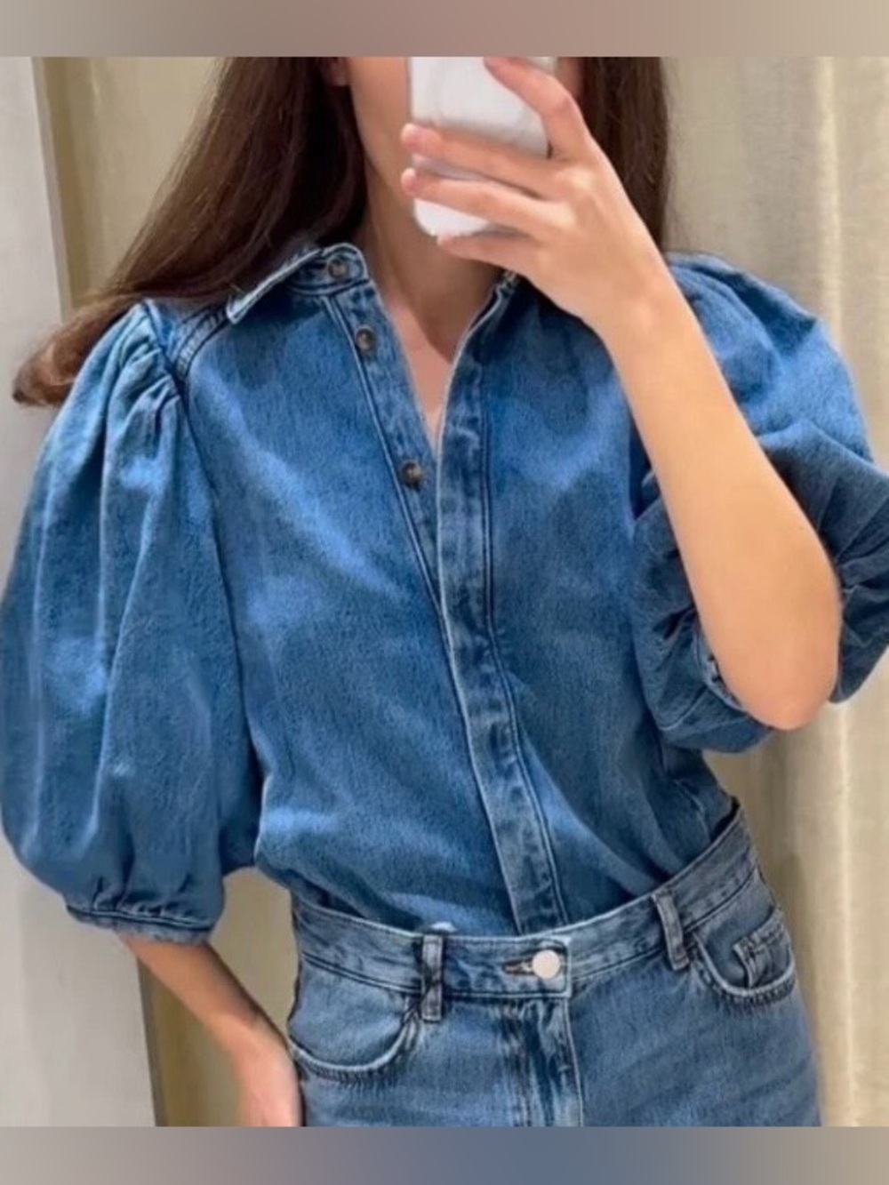 Zara Size Small Denim Puff-Sleeve Button-Front Top - Blue